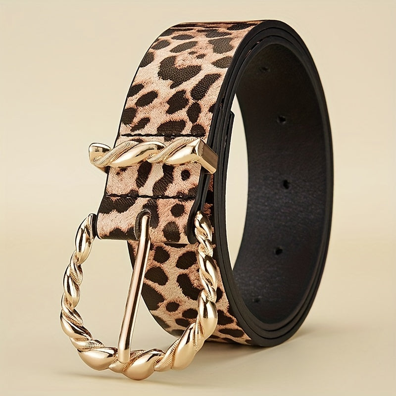Leopard Print PU Belt Golden Pin Buckle Vintage Waistband for Women
