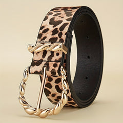 Leopard Print PU Belt Golden Pin Buckle Vintage Waistband for Women
