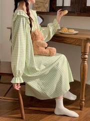 Plaid Print NightDress Ruffle Long Sleeve Crew Neck Pajama Dress