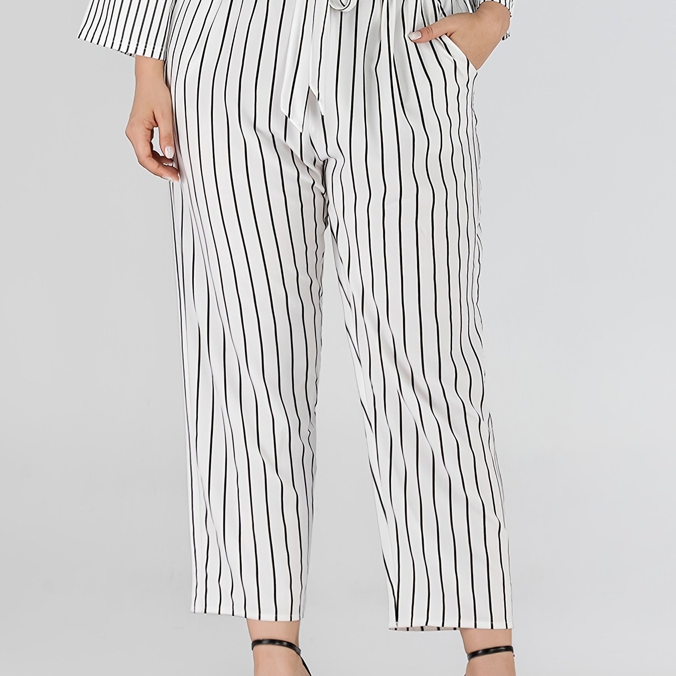 Striped Print Straight Leg Pants With Belt Women's Plus High Rise Loose Fit