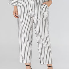 Striped Print Straight Leg Pants With Belt Women's Plus High Rise Loose Fit
