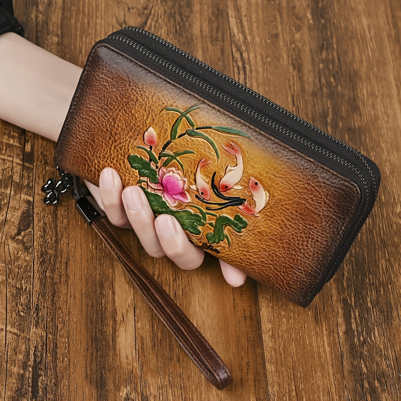 Vintage Floral Print Cowhide Wallet with Wrist Strap