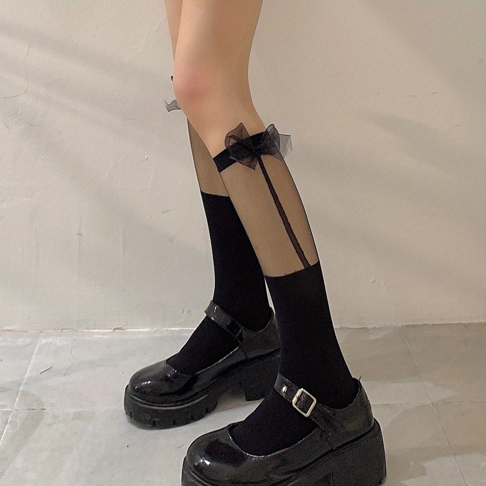 Mesh Stitching Calf Socks Ultra thin Bow Knee High Socks Women's Stockings