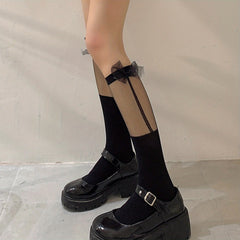 Mesh Stitching Calf Socks Ultra thin Bow Knee High Socks Women's Stockings