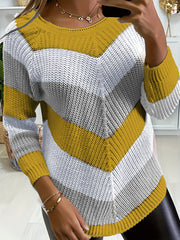 Striped Pattern Crew Neck Pullover Sweater for Women