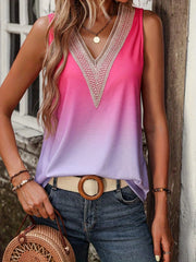 Ombre Lace V Neck Tank Top Sleeveless Summer Casual Women's Clothing