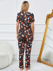 Pumpkin Print Pajama Set Halloween Short Sleeve Top & Pants Women's Sleepwear