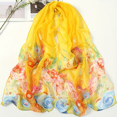 Peacock Print Chiffon Scarf Breathable Shawl Women Outdoor Gauze Head Wrap