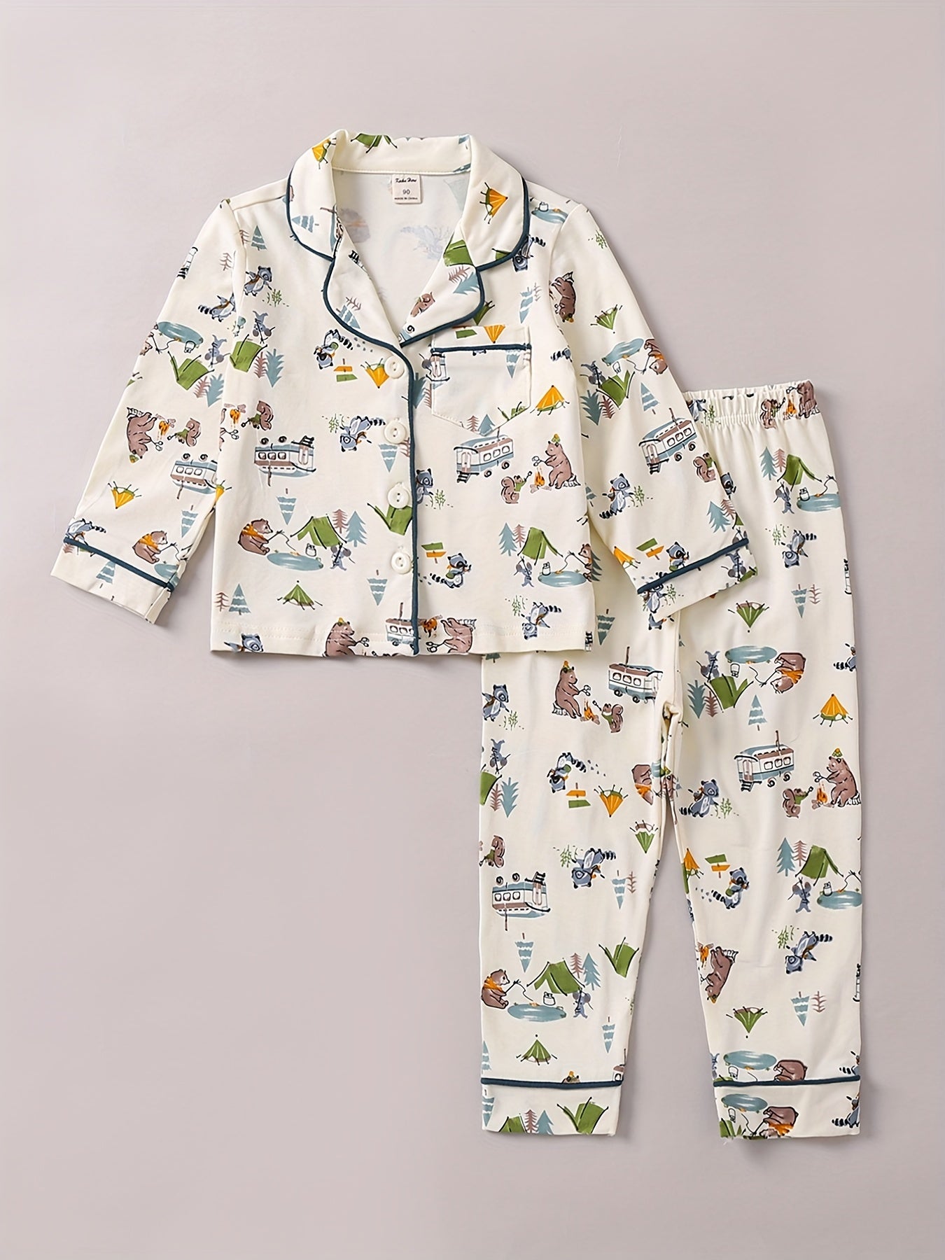 Boys Bear Print Pajama Set Long Sleeve Button Front Homewear PJ Set
