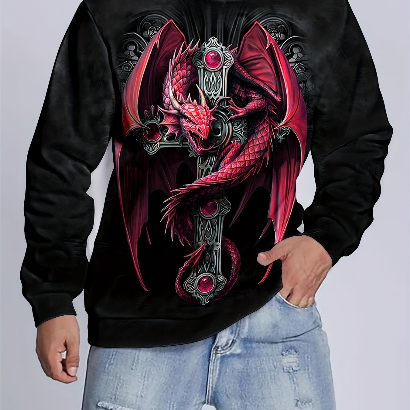 Dragon Print Sweatshirt Men's Casual Graphic Crew Neck Pullover Sweatshirt