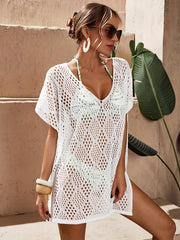Crochet Batwing Sleeve Cover Up Dress Side Split Solid Boho Beach Coverup