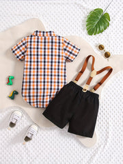 Plaid Outfit Baby Boys 2pc Bowtie Shirt & Suspender Shorts Set