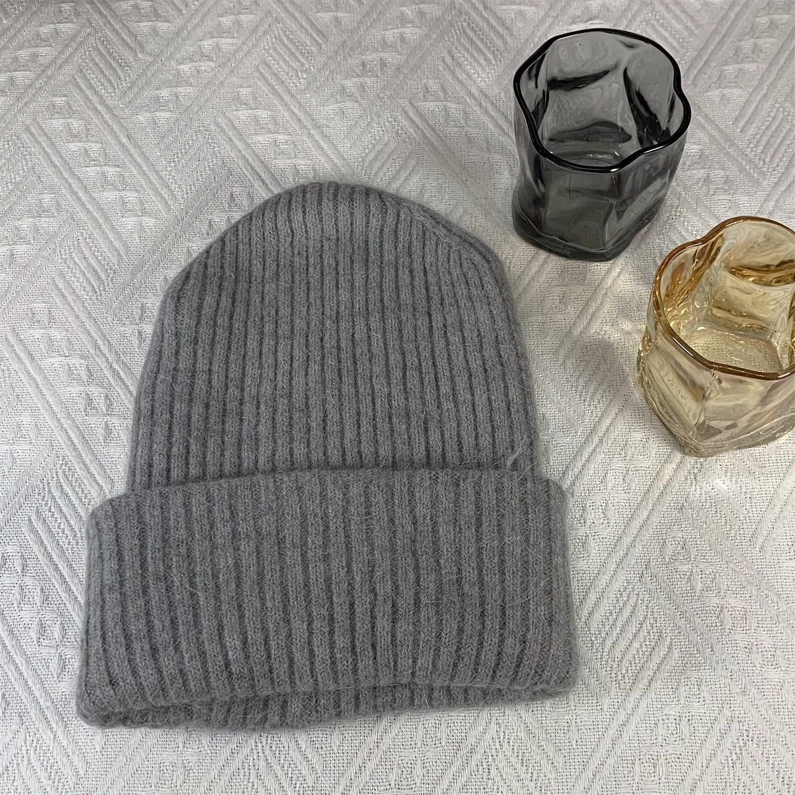 Rabbit Fur Blend Knitted Beanie Hat Warm Ear Protection
