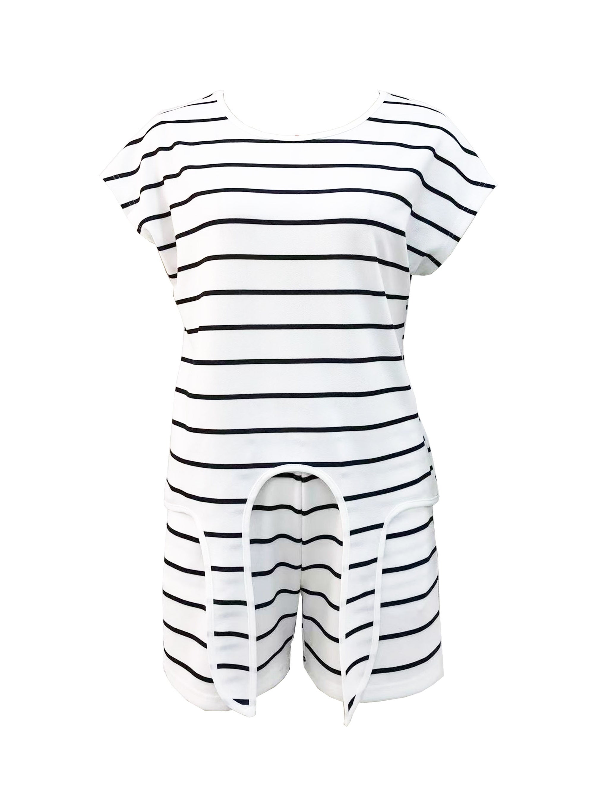 Striped Print Casual Two piece Set Tie Front Short Sleeve Tops & Wide Leg Shorts