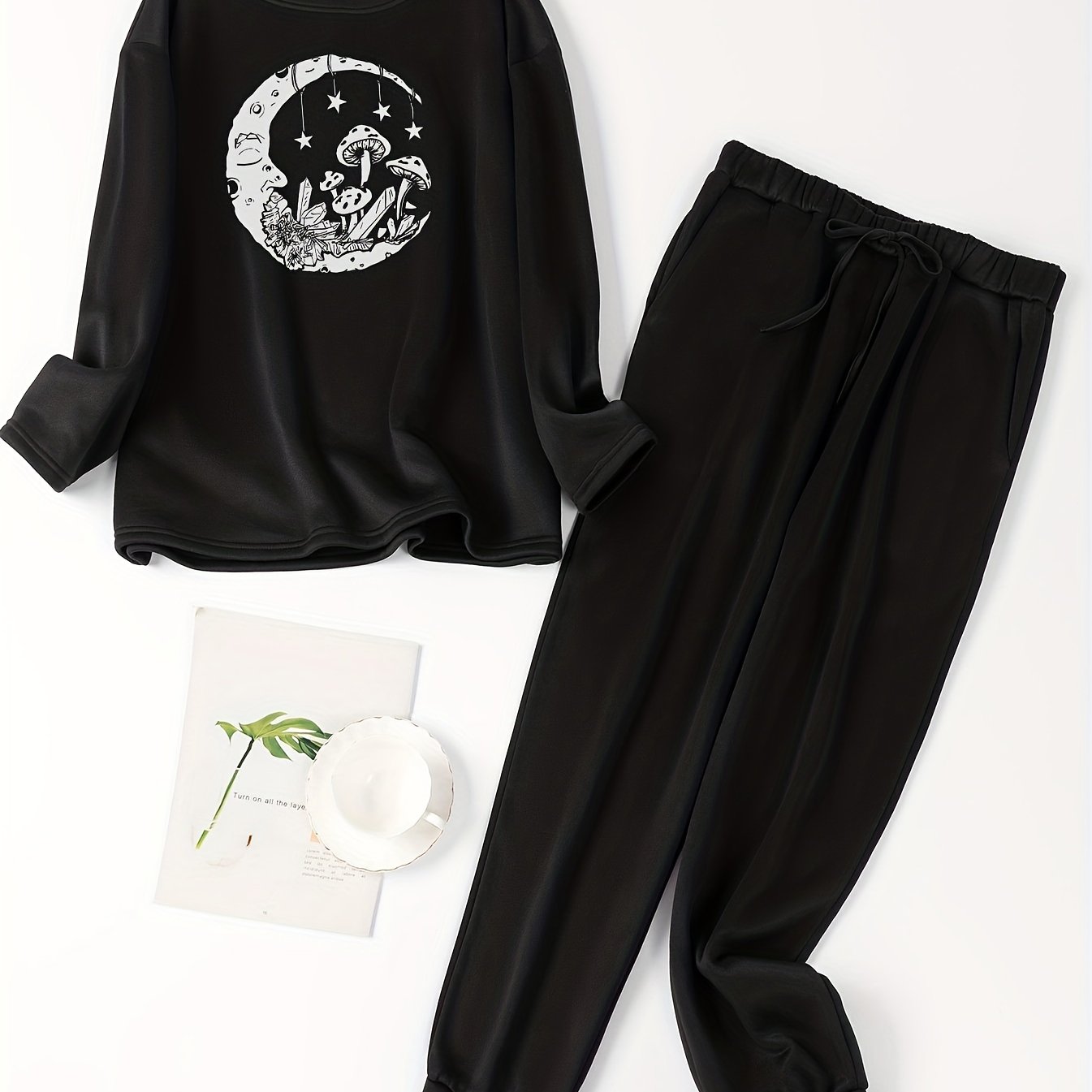 Mushroom & Moon Print Fleece Top & Tie Pants Pajama Set