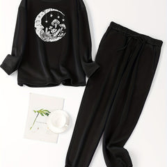 Mushroom & Moon Print Fleece Top & Tie Pants Pajama Set