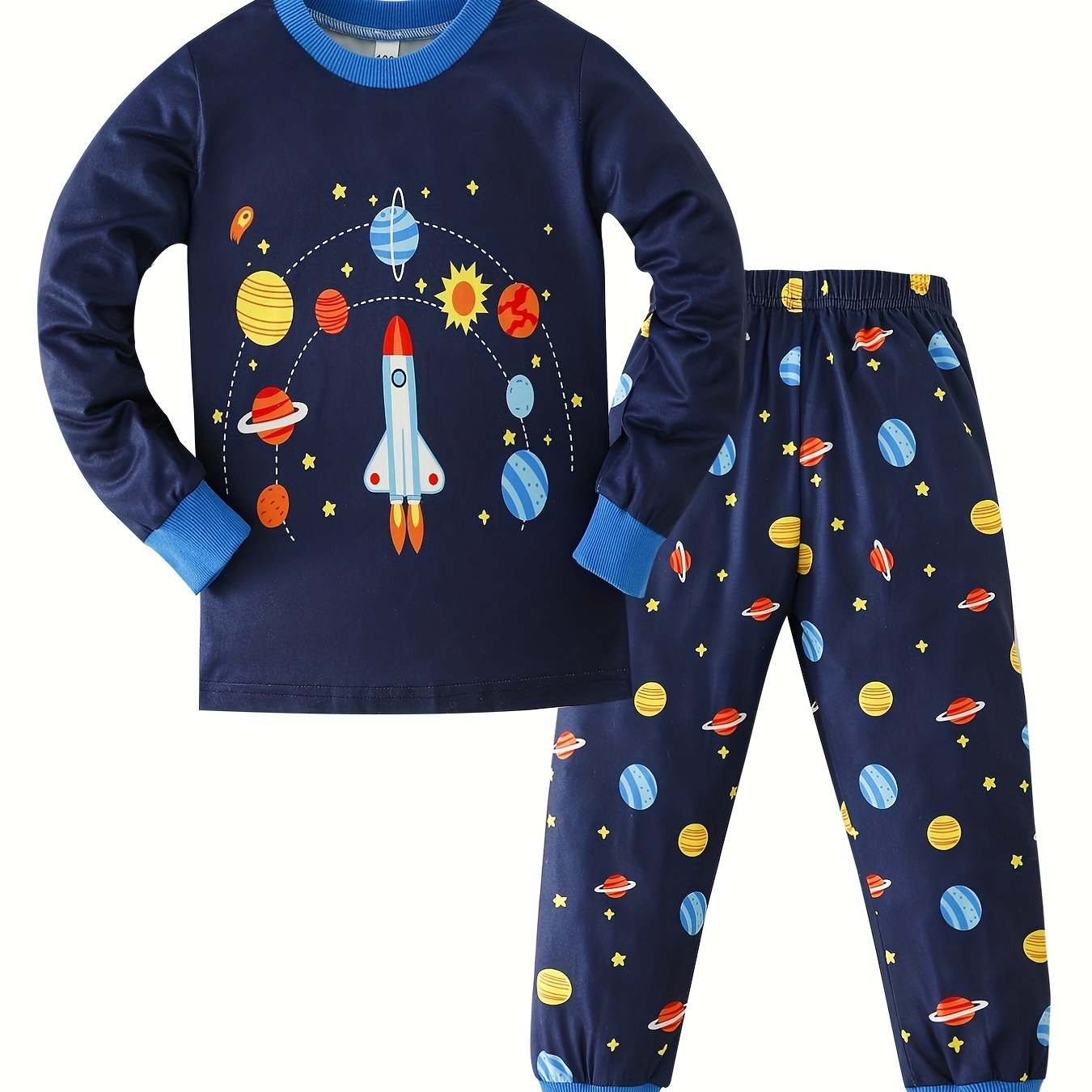 Boys Rocket Solar System Print Pajama Set Long Sleeve Round Neck Top & Pants