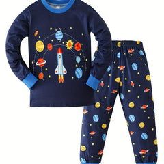 Boys Rocket Solar System Print Pajama Set Long Sleeve Round Neck Top & Pants