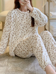 Leopard Print Lounge Set Crew Neck Top & Pants Women's Loungewear