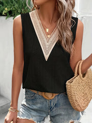 Eyelet Lace V Neck Tank Top Sleeveless Summer Casual Women's Clothing