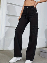 High Rise Solid Loose Denim Cargo Pants