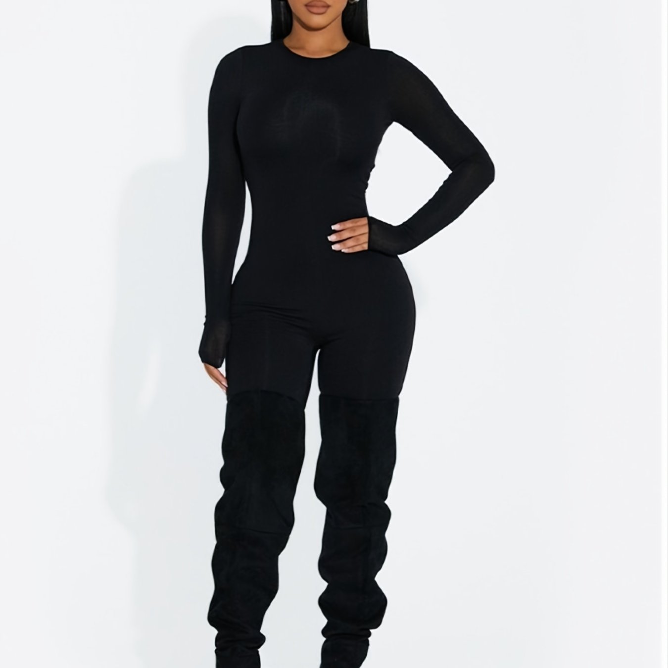 Solid Skinny Stretchy Jumpsuit Crew Neck Long Sleeve Casual Suit