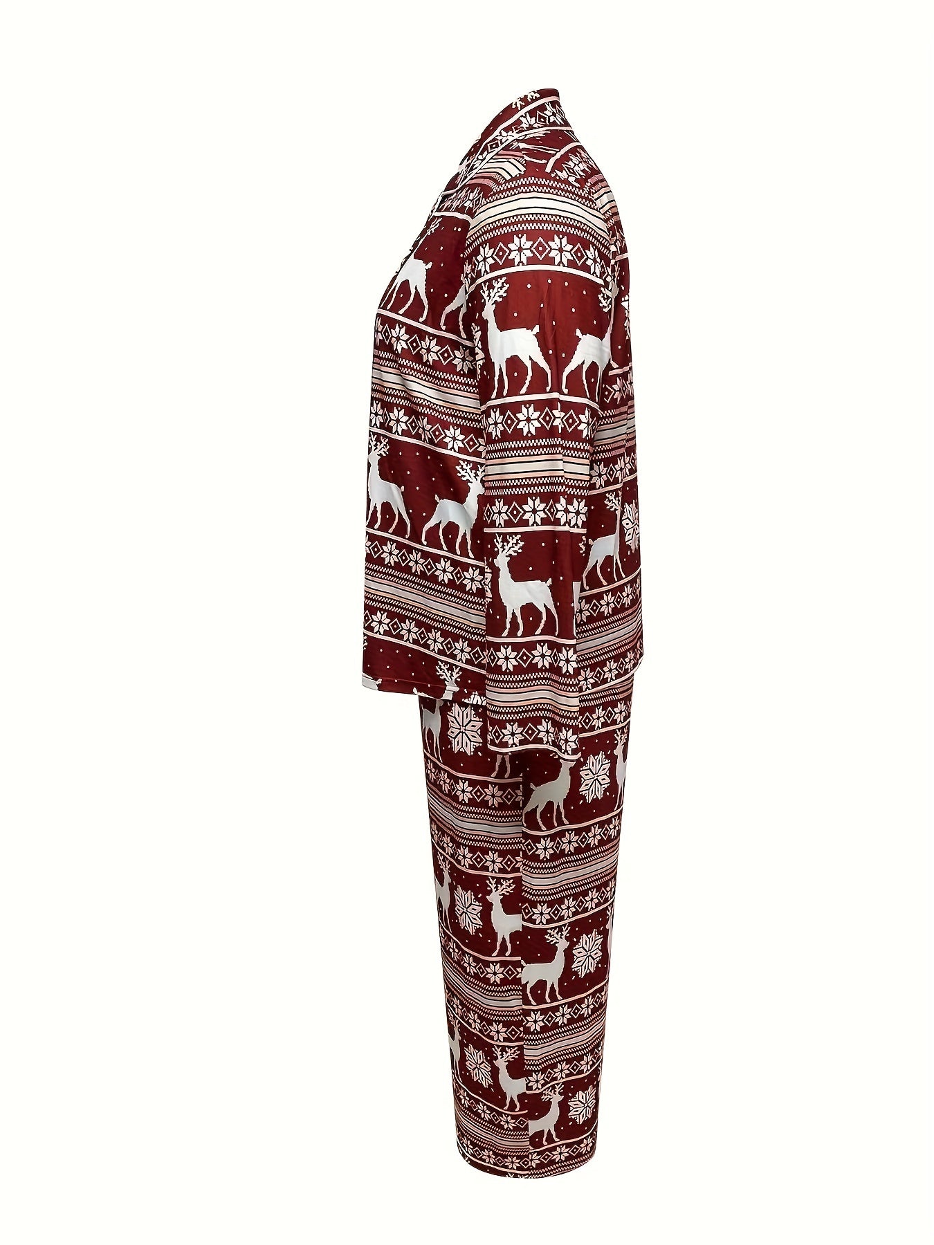 Christmas Lounge Set: Elk & Snowflake Striped Print Blouse & Pants Paj