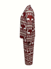 Christmas Lounge Set: Elk & Snowflake Striped Print Blouse & Pants Paj