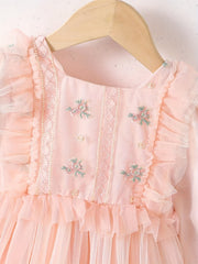 Embroidered Flutter Trim Mesh Dress for Girls
