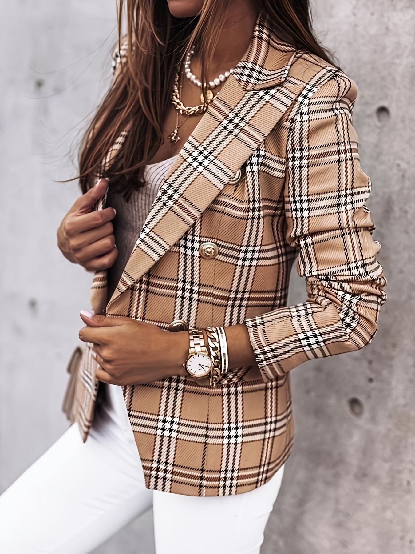 Graphic Print Lapel Blazer Double Breasted Long Sleeve Work