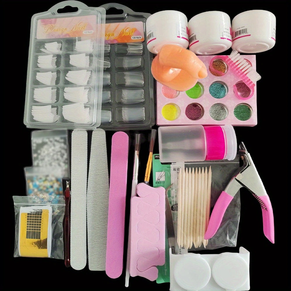 23-in-1 Acrylic Nail Kit: Glitter & Clear Pink Acrylic Powder, Manicure Tools