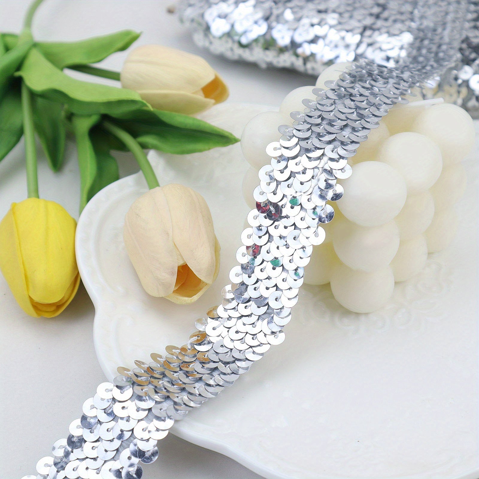 2 Yards Elastic Sequin Lace Ribbon Trim - Glitter Stretch Flat Sequin Trim
