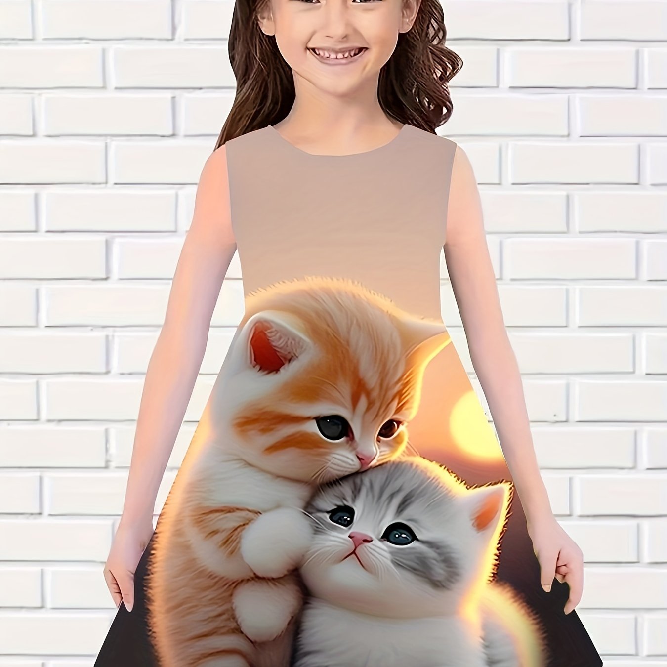 Girls Sunset Cat Sleeveless Dress