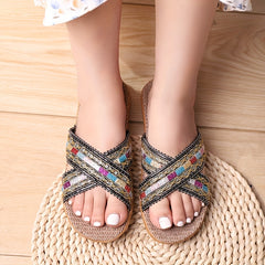 Women's Cross Strap Flat Linen Slides Comfy Ultra Light Open Toe Slip On Shoes