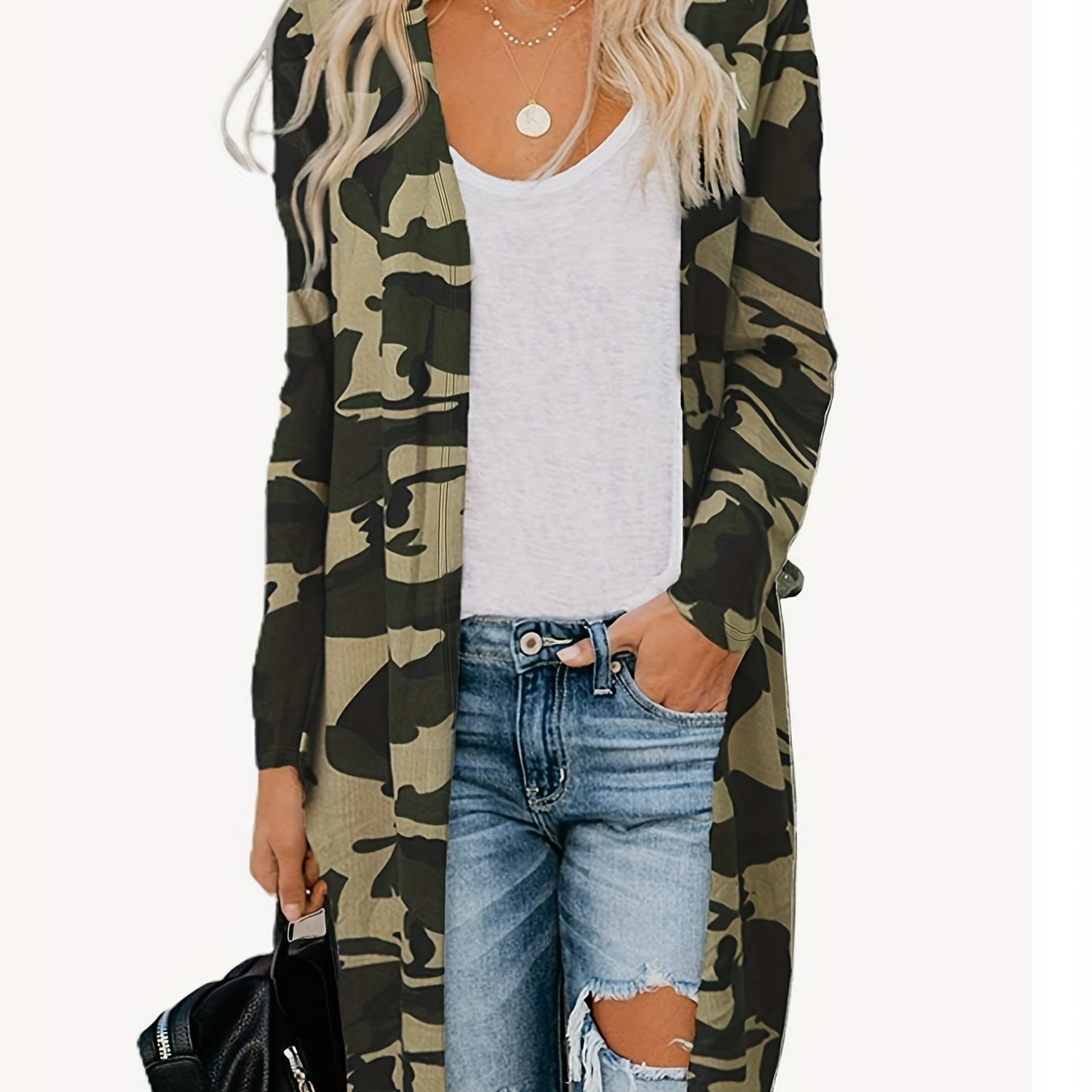 Casual Camo Print Cardigan Long Sleeve Open Front