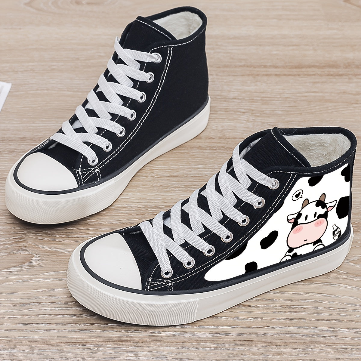 Cow Print Plush Lined Chunky Canvas Sneakers Warm Winter Shoes