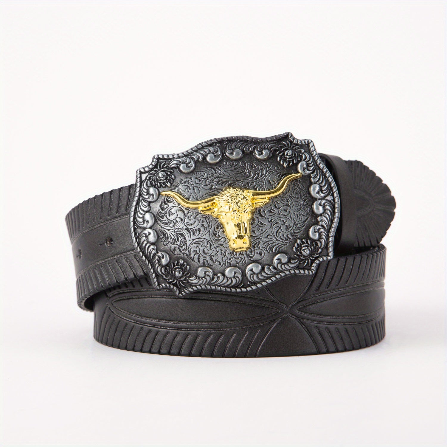 Vintage Embossed Golden Bull Head Plate Buckle Leather Belt