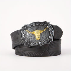 Vintage Embossed Golden Bull Head Plate Buckle Leather Belt