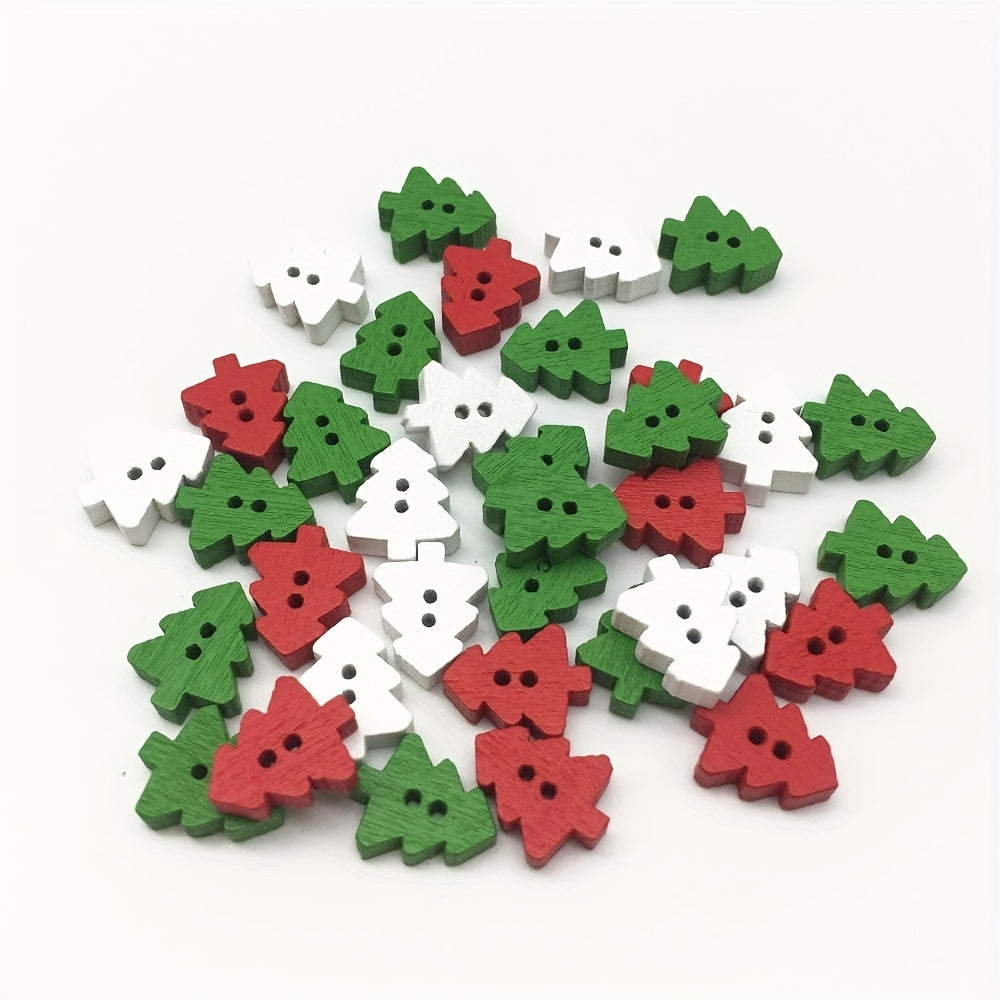 100pcs Wooden Red Green Christmas Tree Buttons Embellishments DIY Crafts Xmas