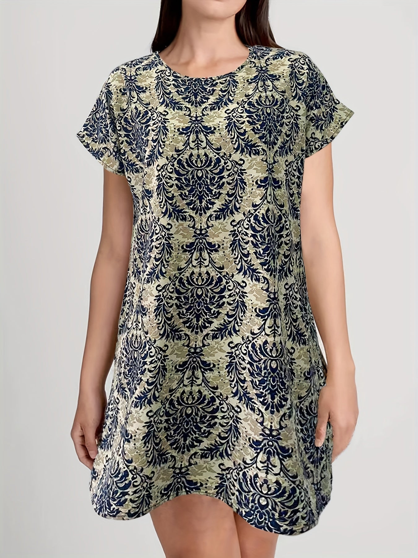 Ethnic Floral Print Dress Boho Crew Neck Short Sleeve Dress