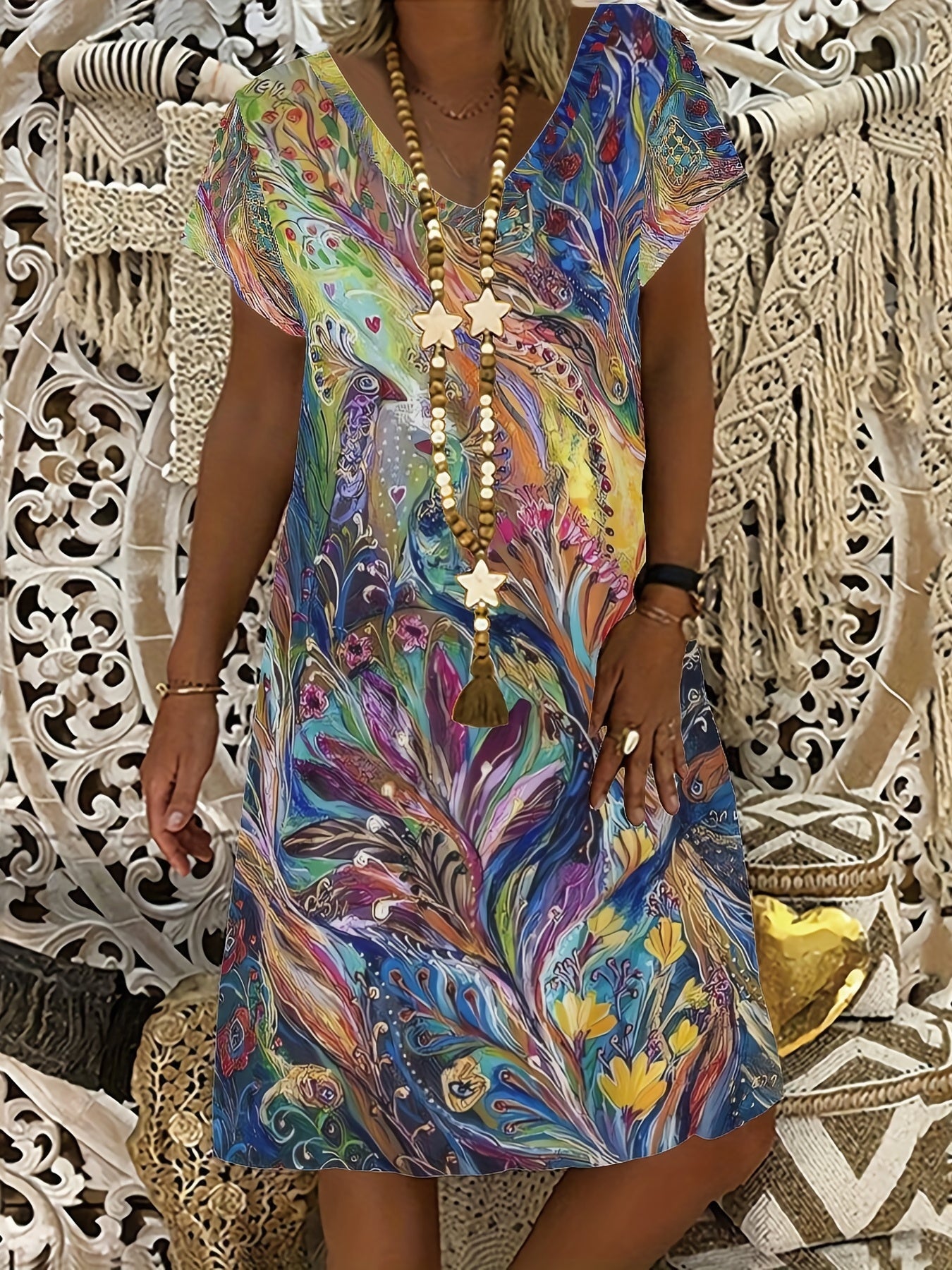 Abstract Print T Shirt Dresses Short Sleeve V Neck Causal Dresses