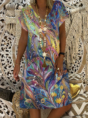 Abstract Print T Shirt Dresses Short Sleeve V Neck Causal Dresses