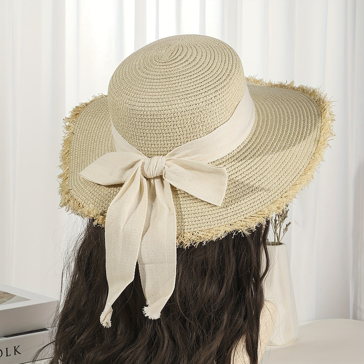 Straw Sun Hat Bowknot Decor Flat Top Jazz Fedora French Style Sunshade Beach Hat