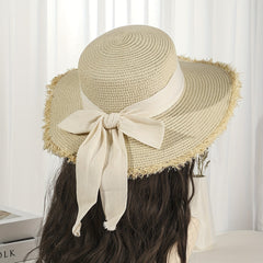 Straw Sun Hat Bowknot Decor Flat Top Jazz Fedora French Style Sunshade Beach Hat