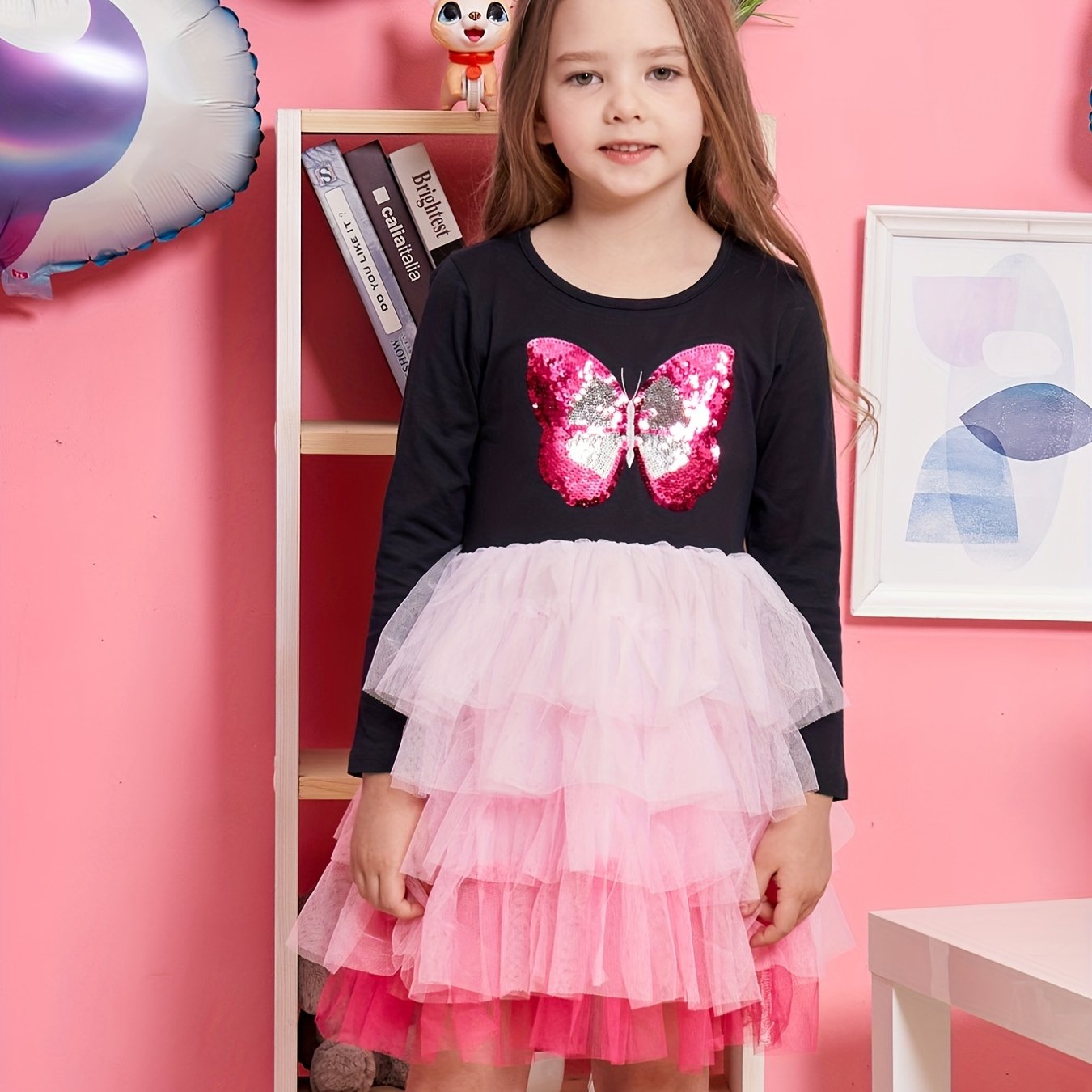 Girls Butterfly Embroidered Long Sleeve Tutu Dress Party Outfit