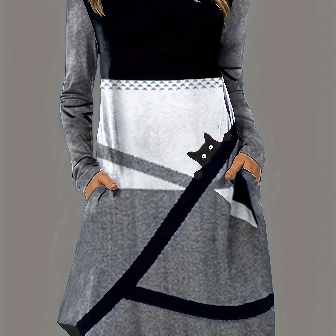 Plus Geo & Cat Print Long Sleeve Round Neck Dress