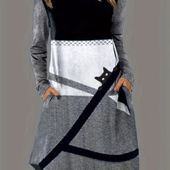 Plus Geo & Cat Print Long Sleeve Round Neck Dress