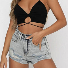 Y2K Spaghetti Cross Tie Up Top Deep V Neck