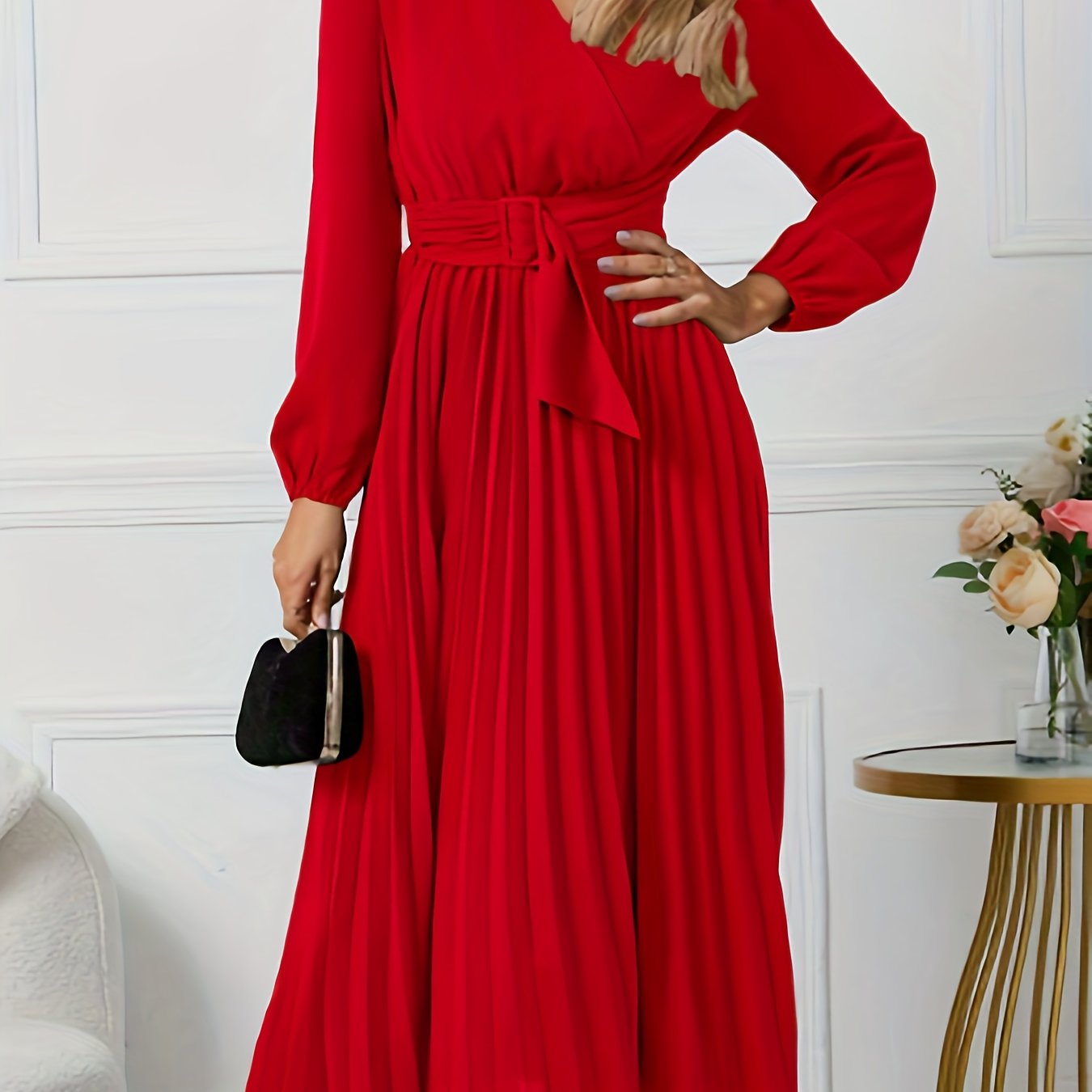 Lantern Sleeve Evening Formal Dress With Belt