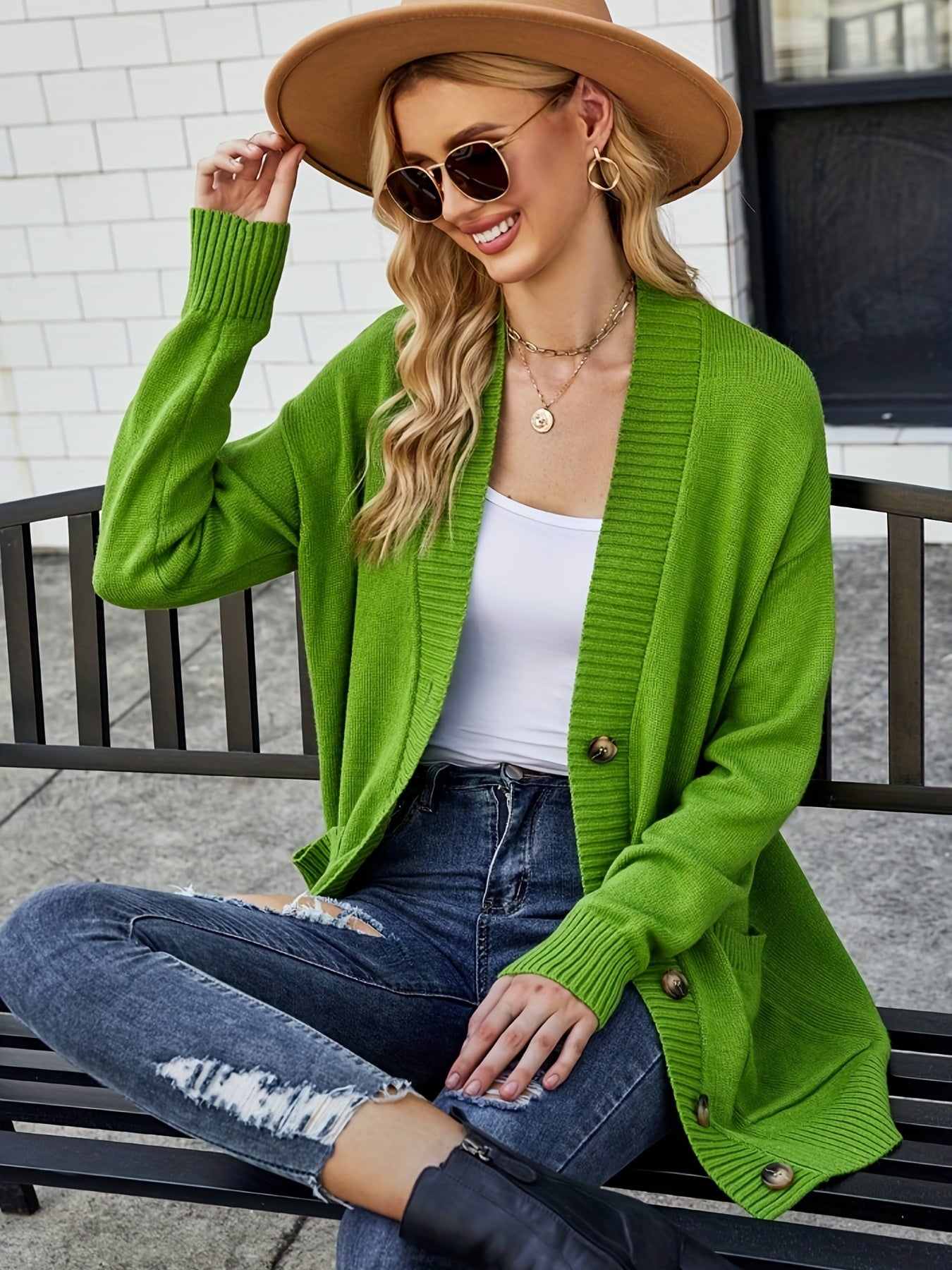 Solid Button Up Long Sleeve Cardigan With Pockets